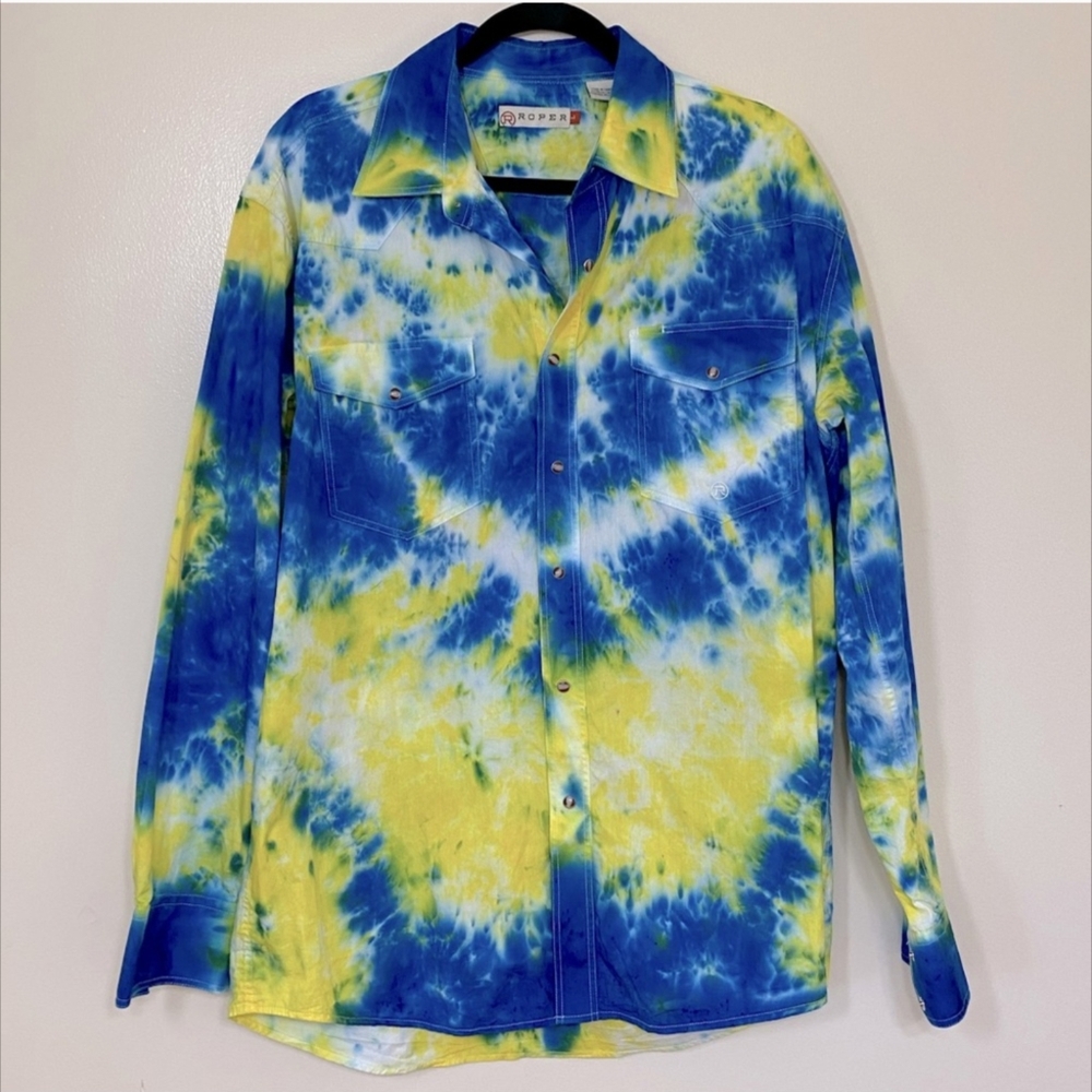 Roper Blue Yellow Tie Dye Western Pearl Snap L